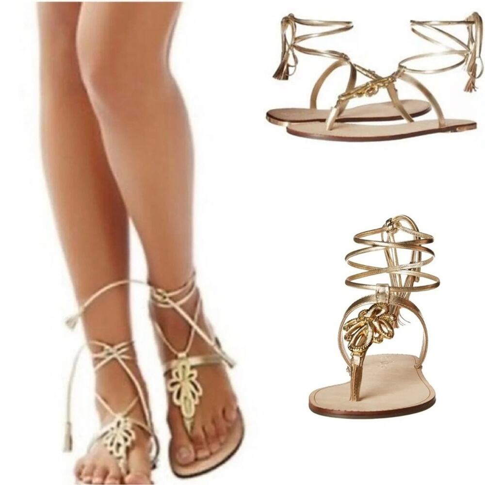 Lilly Pulitzer Pier Tie Up Tassel Gladiator Gold Leather Sandals Size 6